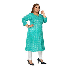 Women's Casual 3/4th Sleeve Regular Printed Pure Cotton Prince Cut A-Line Kurti (Turquoise)