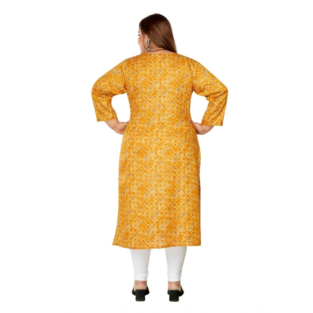 Women's Casual 3/4th Sleeve Golden Foil Printed Capsule Cotton Straight Kurti (Yellow)