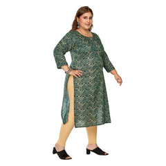 Women's Casual 3/4th Sleeve Golden Foil Printed Capsule Cotton Straight Kurti (Dark Green)