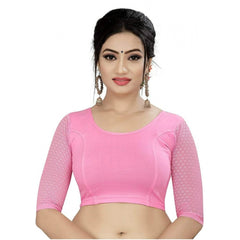 3/4 th Sleeve Cotton Lycra Readymade Blouse (Baby Pink, Free Size)