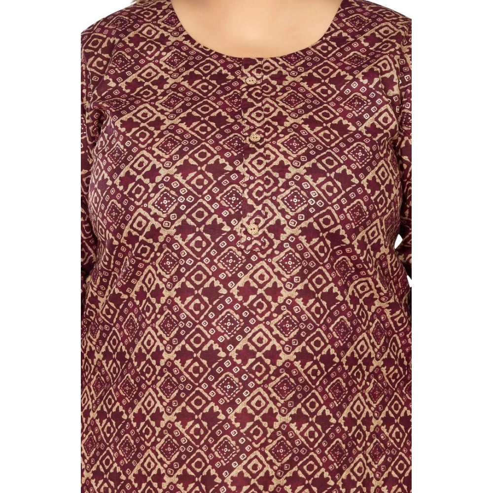 Women's Casual 3/4th Sleeve Golden Foil Printed Capsule Cotton Straight Kurti (Maroon)