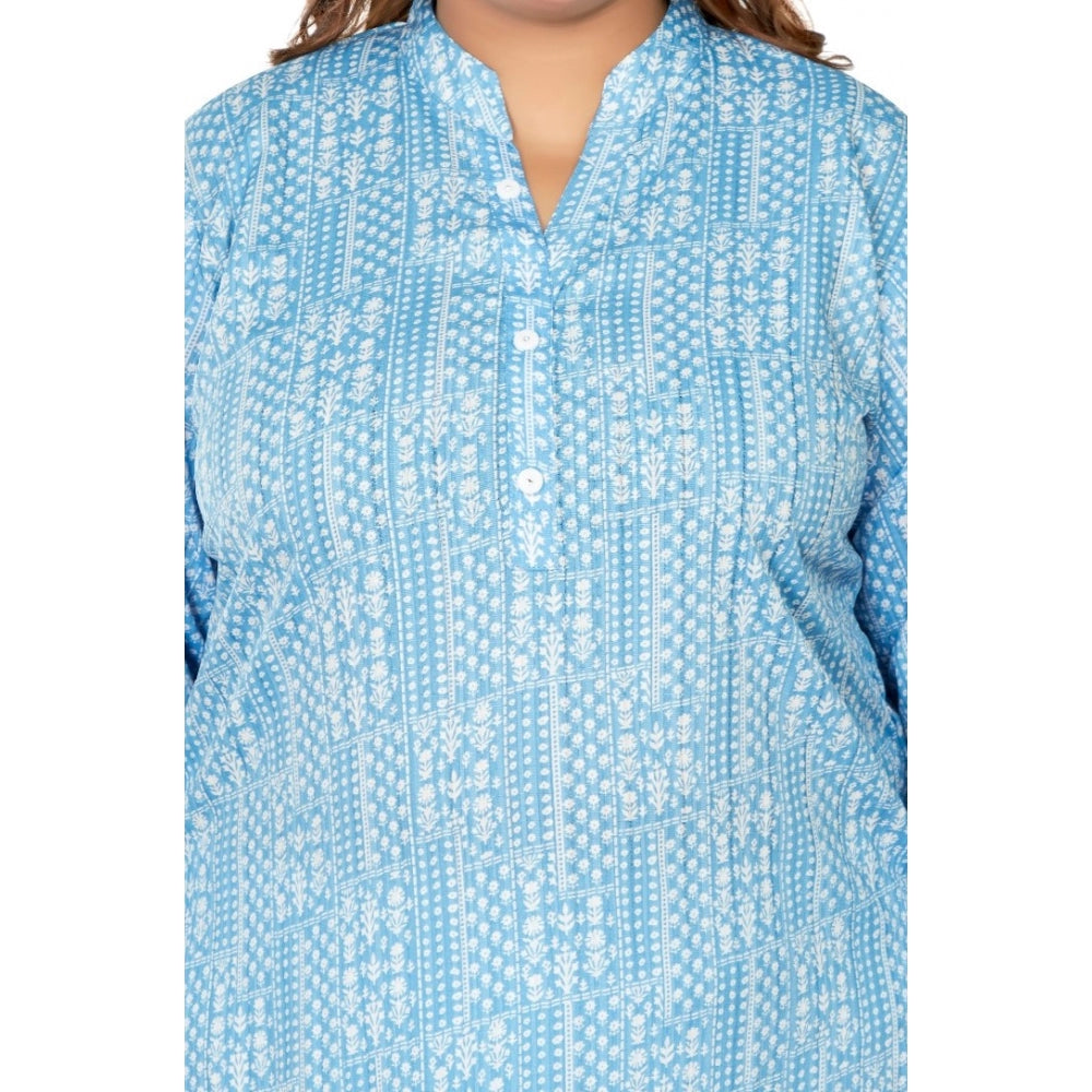 Women's Casual 3/4th Sleeve Full printed Imported Synthetic Straight Kurti (Blue)