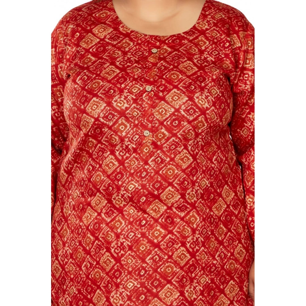 Women's Casual 3/4th Sleeve Golden Foil Printed Capsule Cotton Straight Kurti (Red)