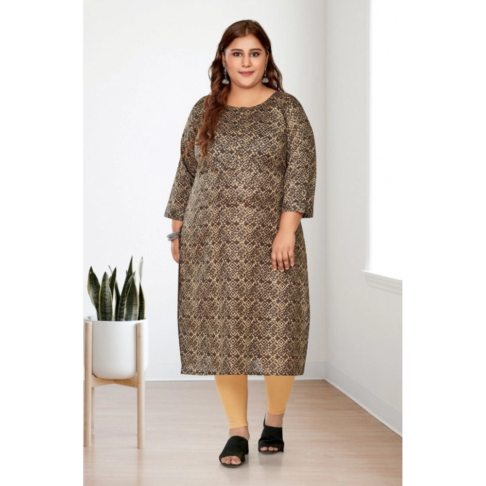 Women's Casual 3/4th Sleeve Golden Foil Printed Capsule Cotton Straight Kurti (Brown)