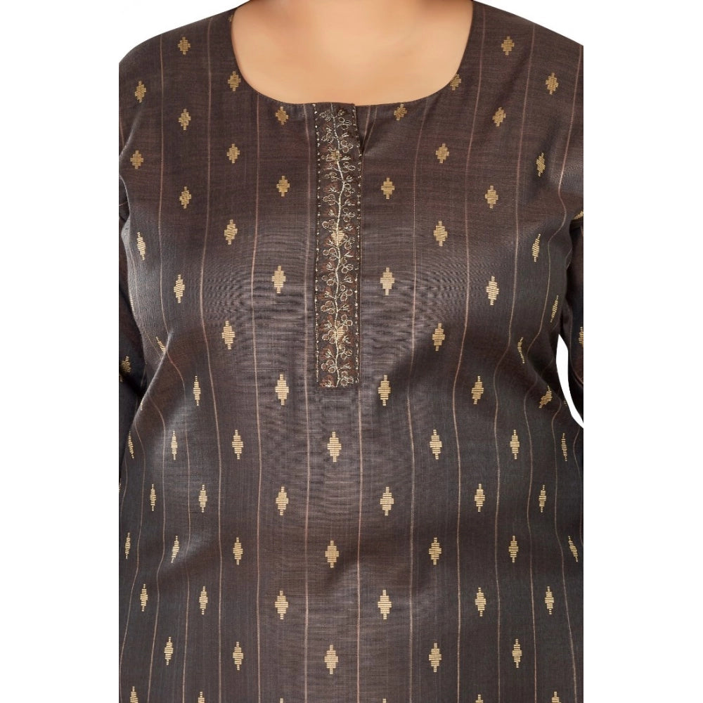 Women's Casual 3/4th Sleeve Golden Embroidered Cotton Mix Straight Kurti (Dark Grey)