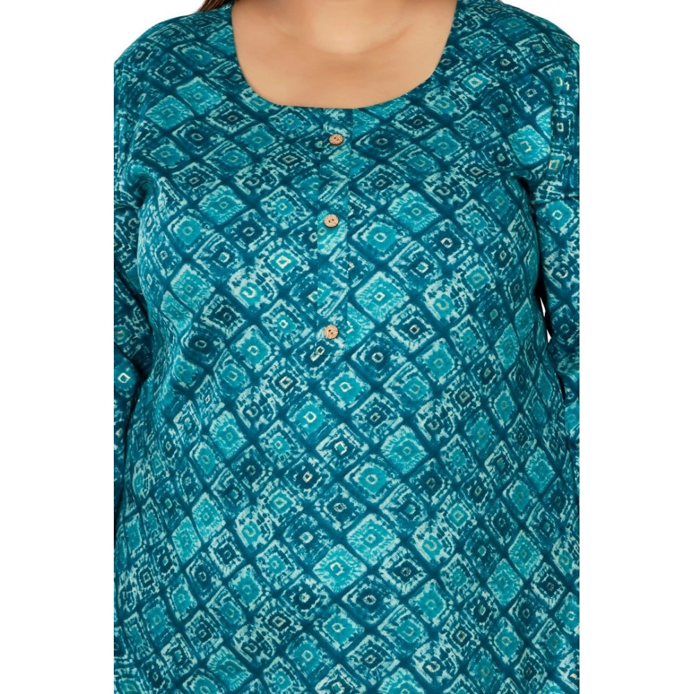 Women's Casual 3/4th Sleeve Golden Foil Printed Capsule Cotton Straight Kurti (Green)