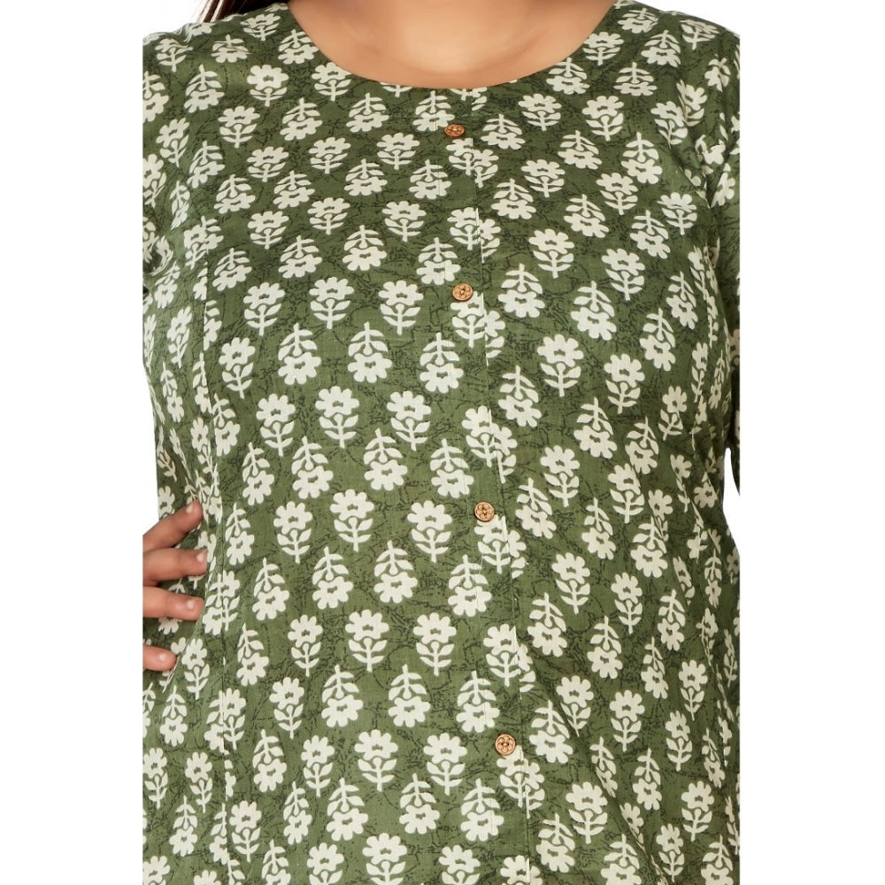 Women's Casual 3/4th Sleeve Printed Pure Cotton Prince Cut A-Line Kurti (Green)