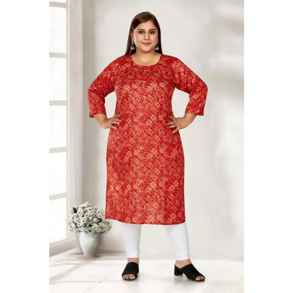 Women's Casual 3/4th Sleeve Golden Foil Printed Capsule Cotton Straight Kurti (Red)