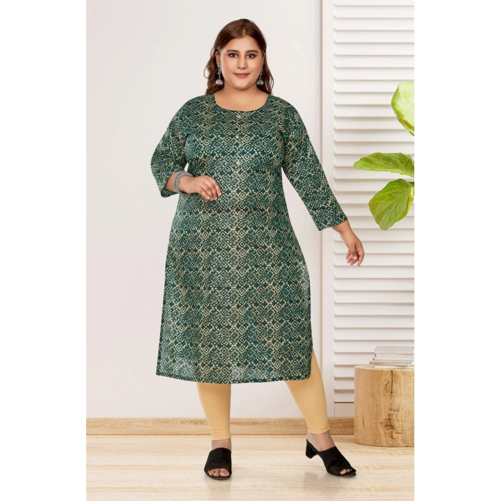 Women's Casual 3/4th Sleeve Golden Foil Printed Capsule Cotton Straight Kurti (Dark Green)