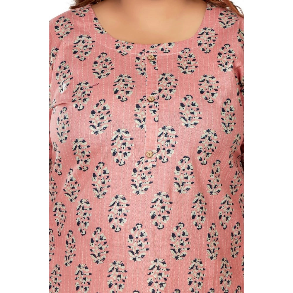 Women's Casual 3/4th Sleeve Golden Foil Printed Pure Cotton Straight Kurti (Coral Pink)