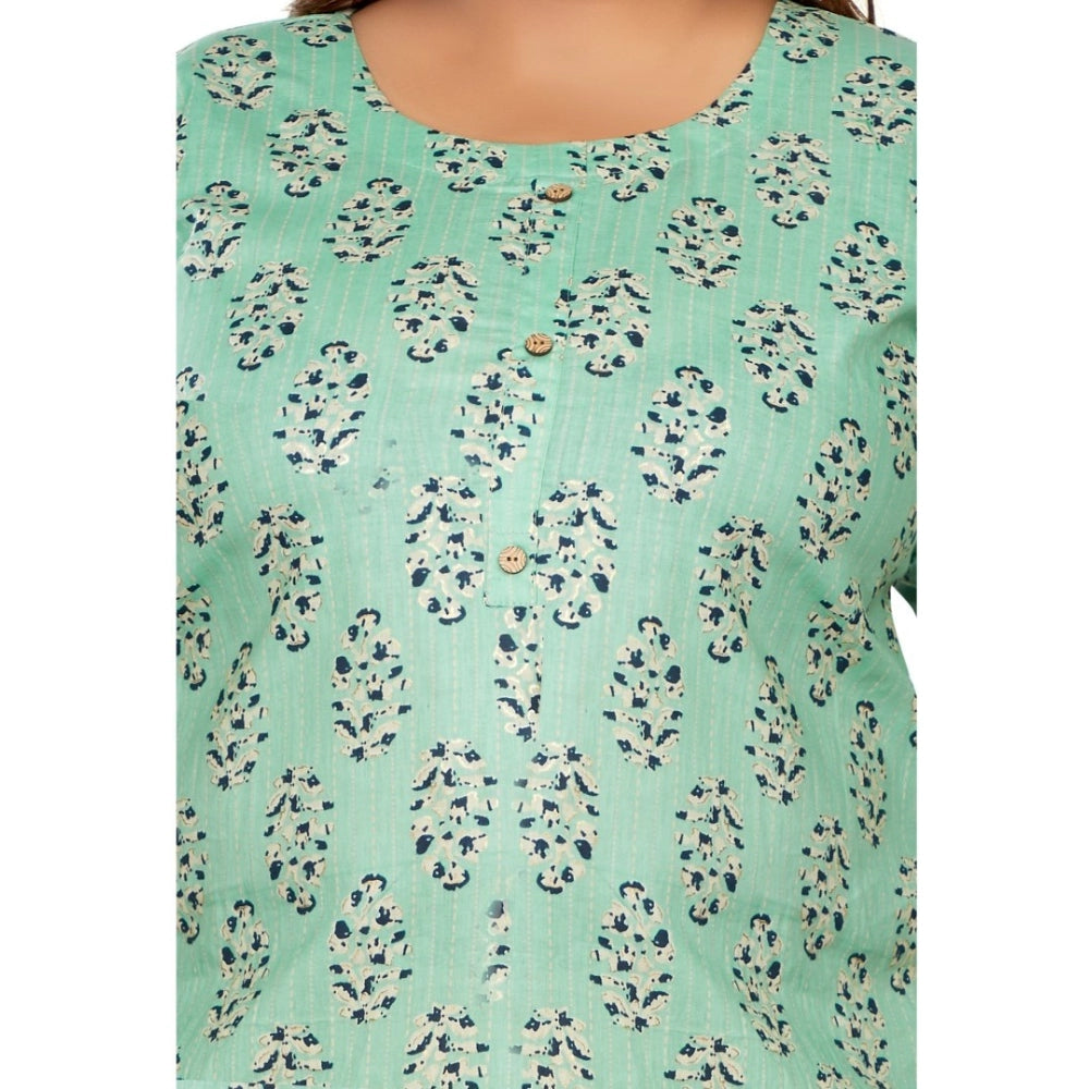 Women's Casual 3/4th Sleeve Golden Foil Printed Pure Cotton Straight Kurti (Pista Green)