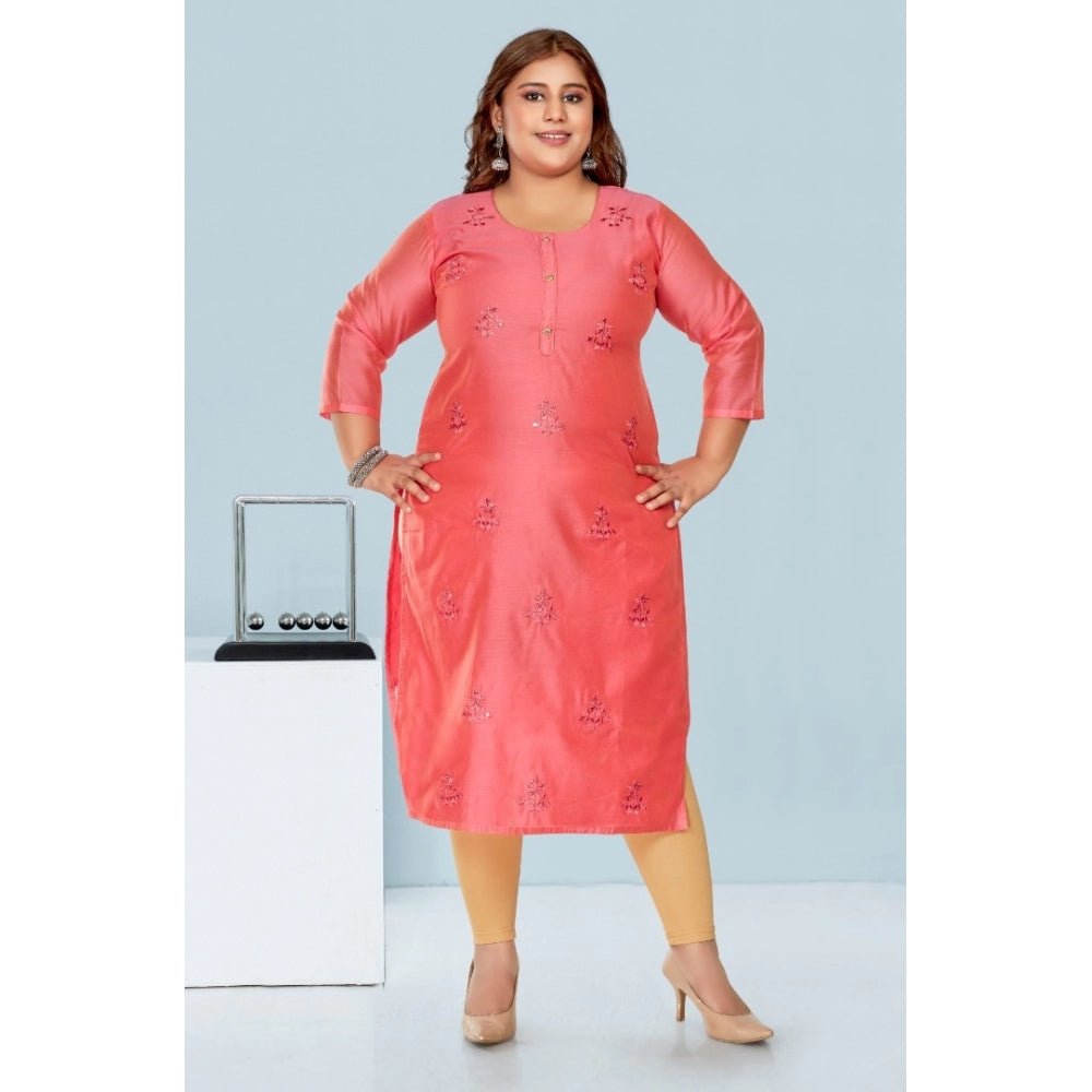 Women's Casual 3/4th Sleeve Mirror Embroidered Rayon Straight Kurti (Pink)