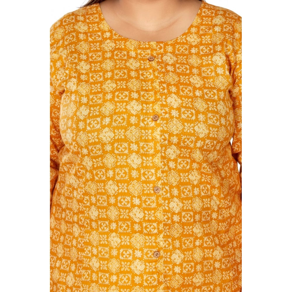 Women's Casual 3/4th Sleeve Regular Printed Pure Cotton Prince Cut A-Line Kurti (Yellow)