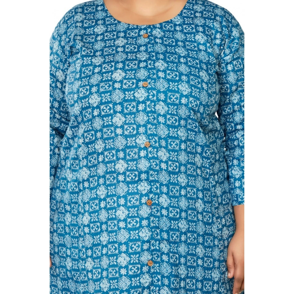 Women's Casual 3/4th Sleeve Regular Printed Pure Cotton Prince Cut A-Line Kurti (Blue)