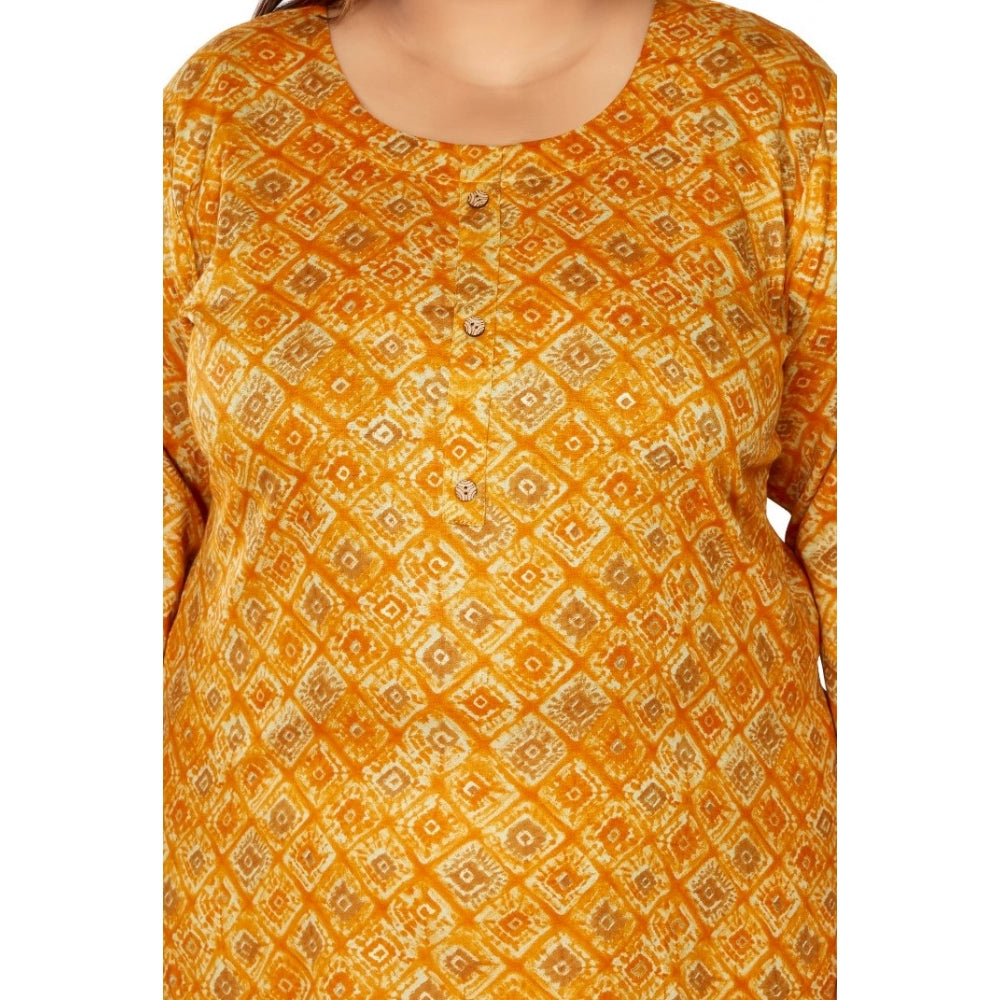 Women's Casual 3/4th Sleeve Golden Foil Printed Capsule Cotton Straight Kurti (Yellow)