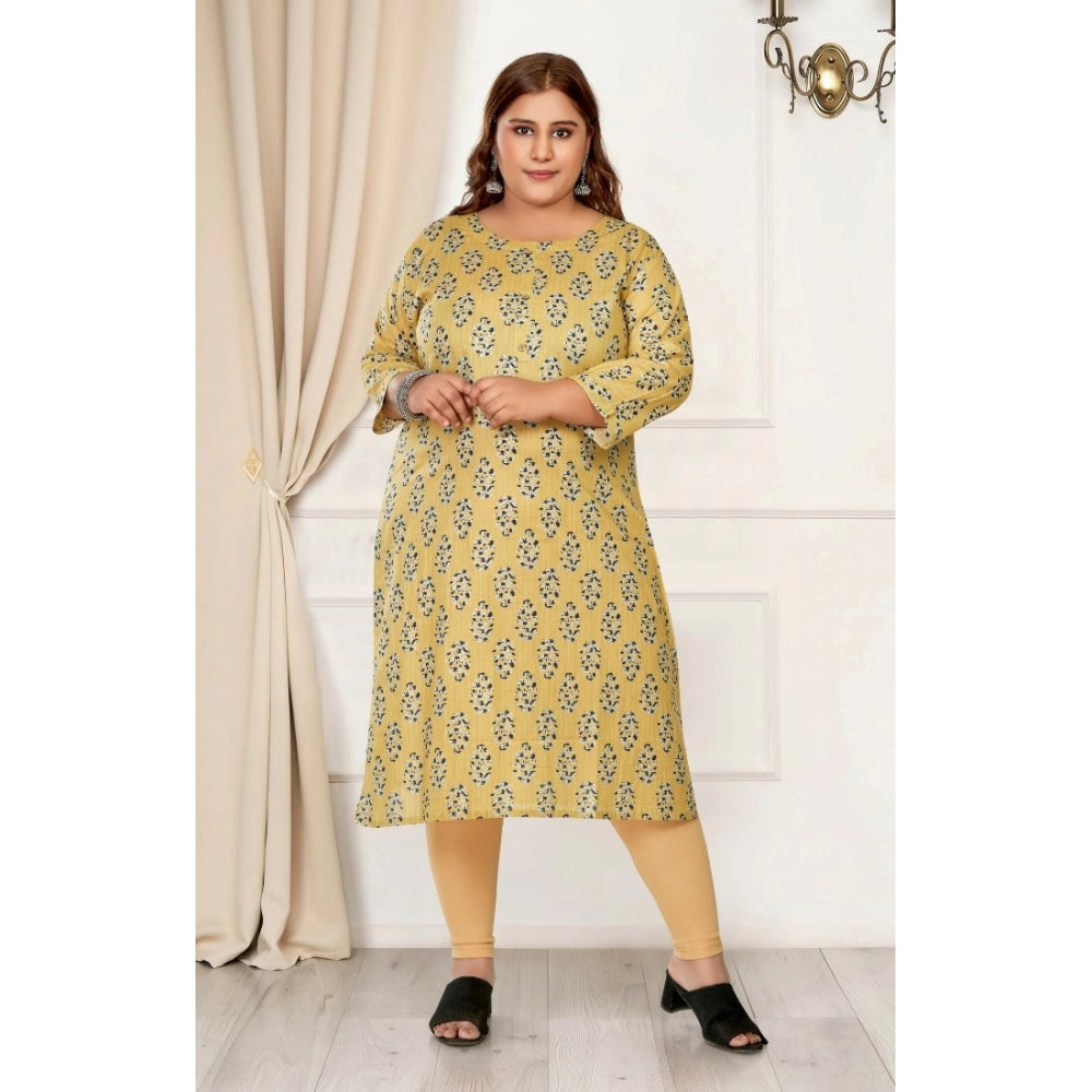 Women's Casual 3/4th Sleeve Golden Foil Printed Pure Cotton Straight Kurti (Light Yellow)