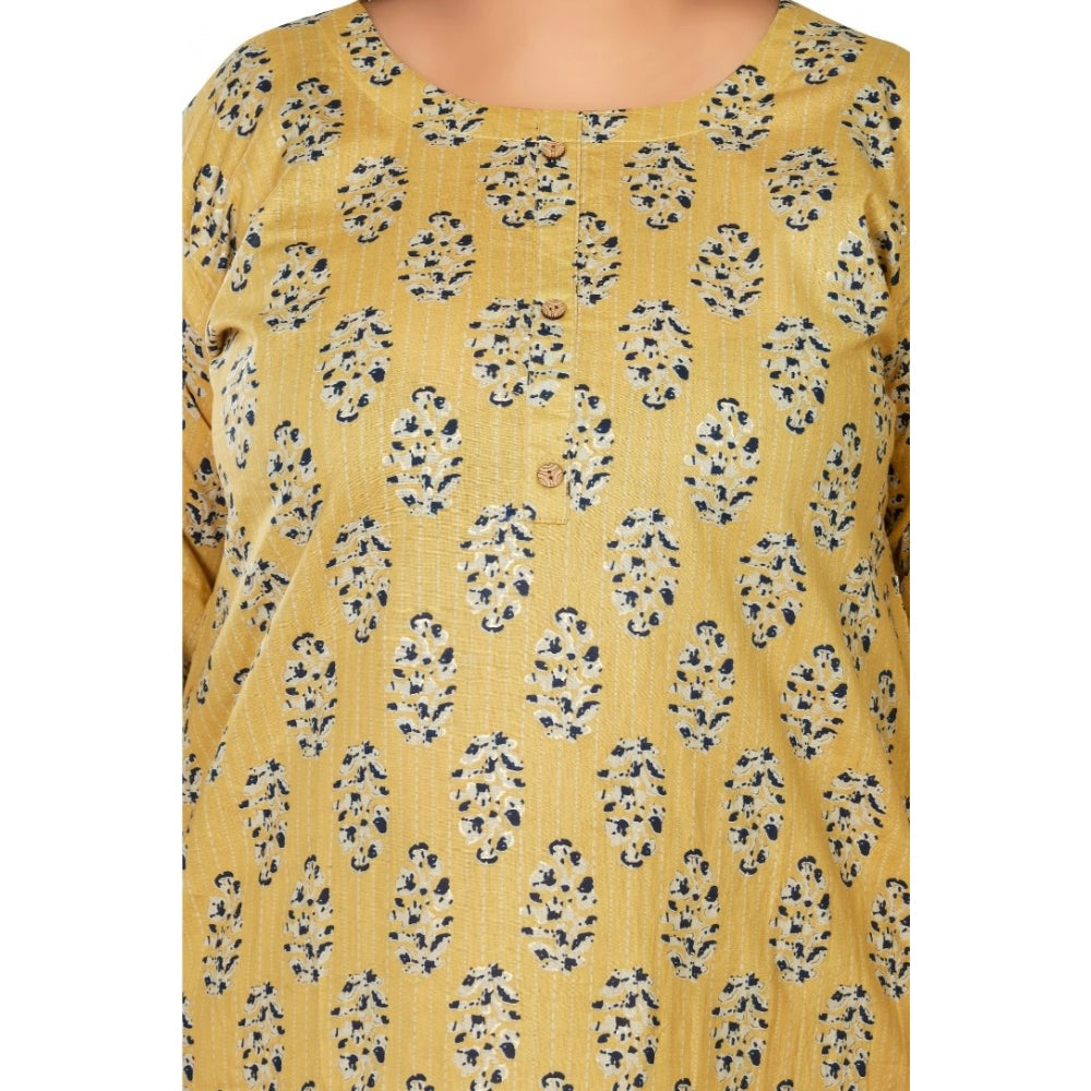 Women's Casual 3/4th Sleeve Golden Foil Printed Pure Cotton Straight Kurti (Light Yellow)