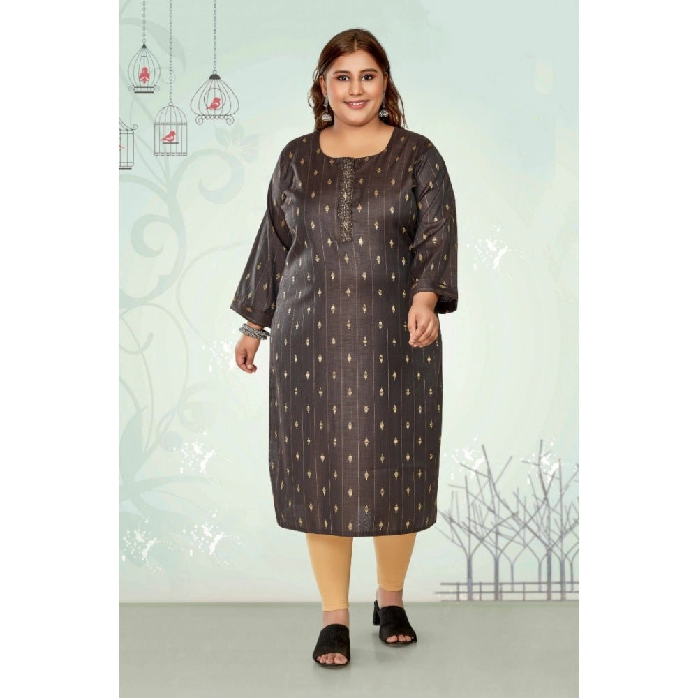 Women's Casual 3/4th Sleeve Golden Embroidered Cotton Mix Straight Kurti (Dark Grey)