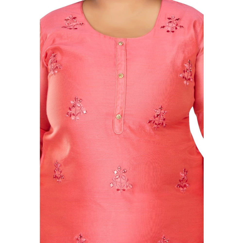 Women's Casual 3/4th Sleeve Mirror Embroidered Rayon Straight Kurti (Pink)