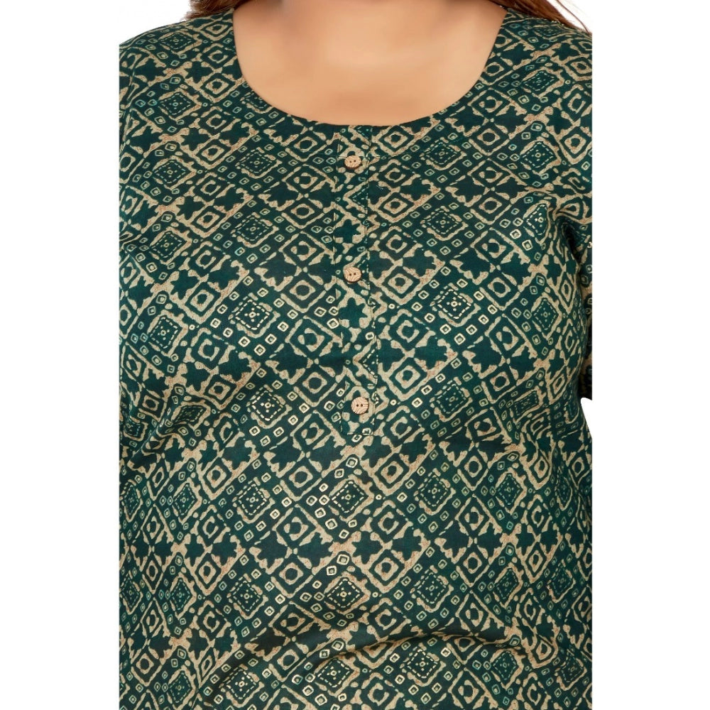 Women's Casual 3/4th Sleeve Golden Foil Printed Capsule Cotton Straight Kurti (Dark Green)