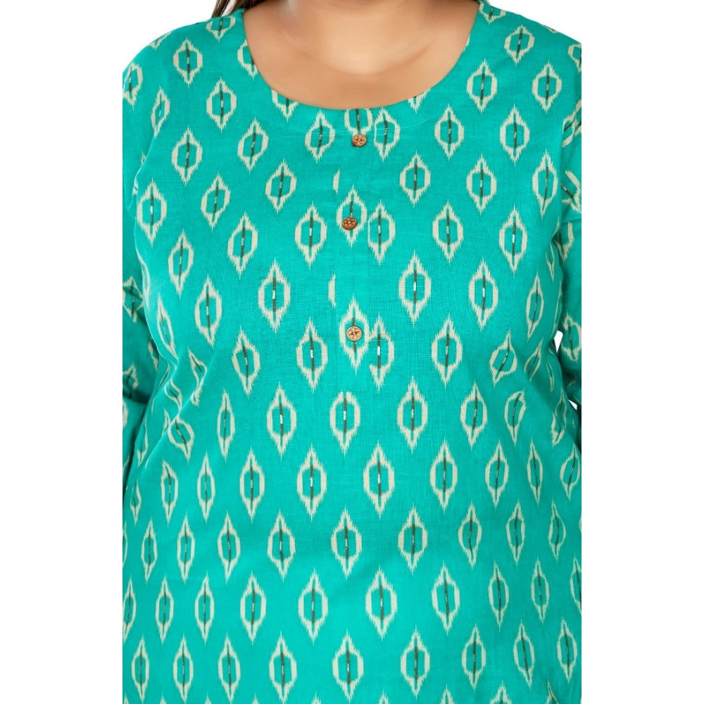 Women's Casual 3/4th Sleeve Ikkat Printed Pure Cotton Straight Kurti (Turquoise)