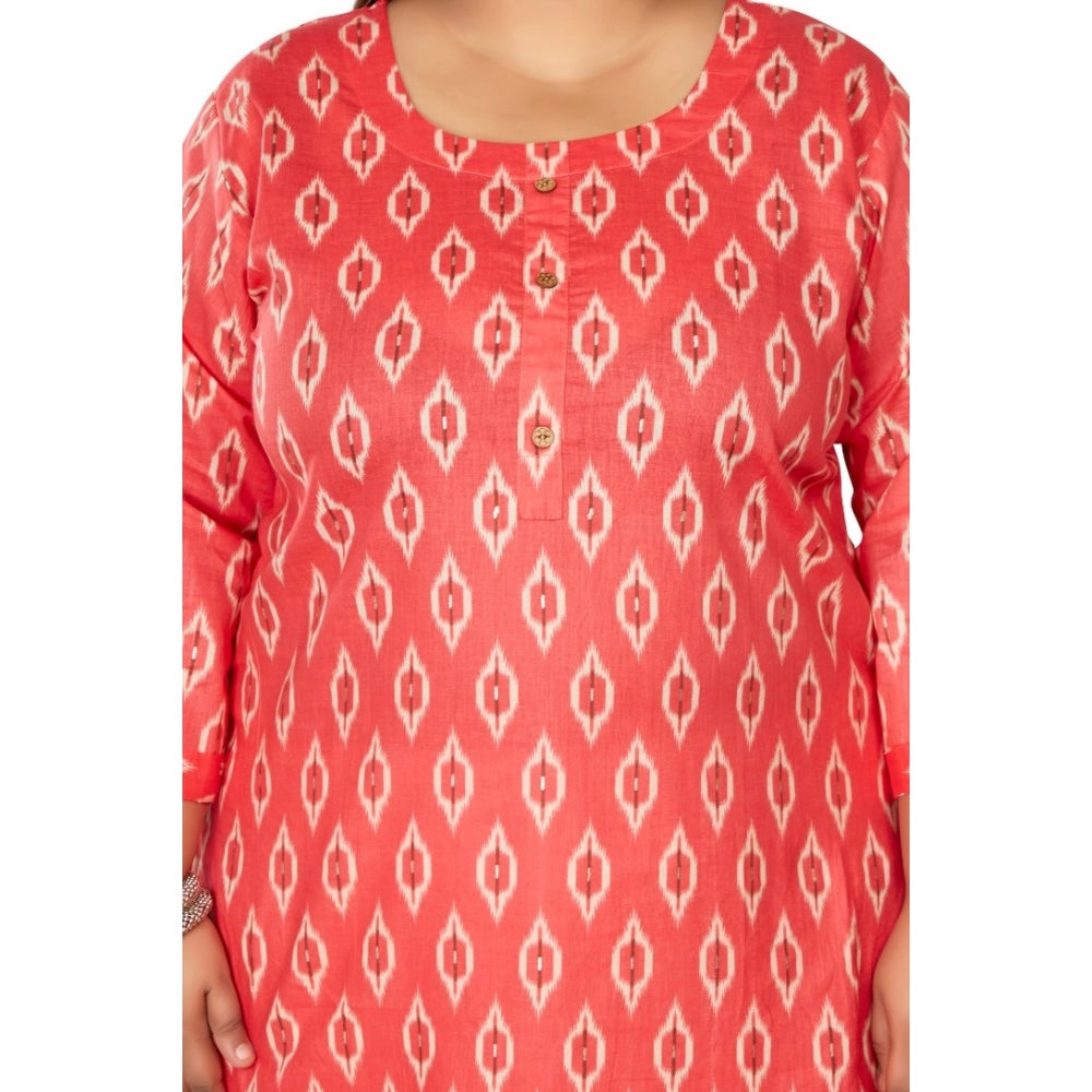 Women's Casual 3/4th Sleeve Ikkat Printed Pure Cotton Straight Kurti (Pink)