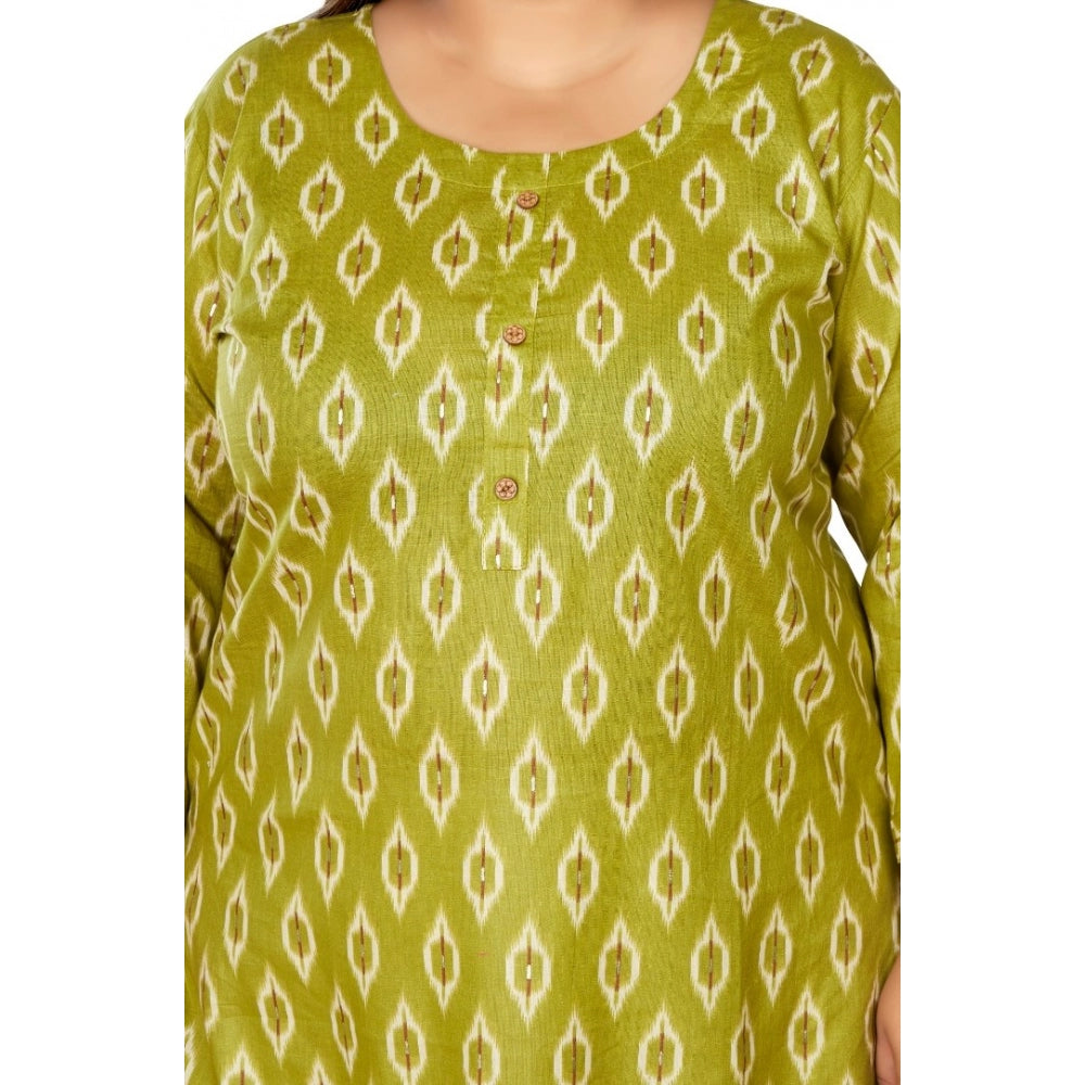 Women's Casual 3/4th Sleeve Ikkat Printed Pure Cotton Straight Kurti (Pista Green)