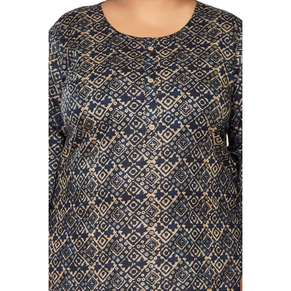 Women's Casual 3/4th Sleeve Golden Foil Printed Capsule Cotton Straight Kurti (Navy Blue)