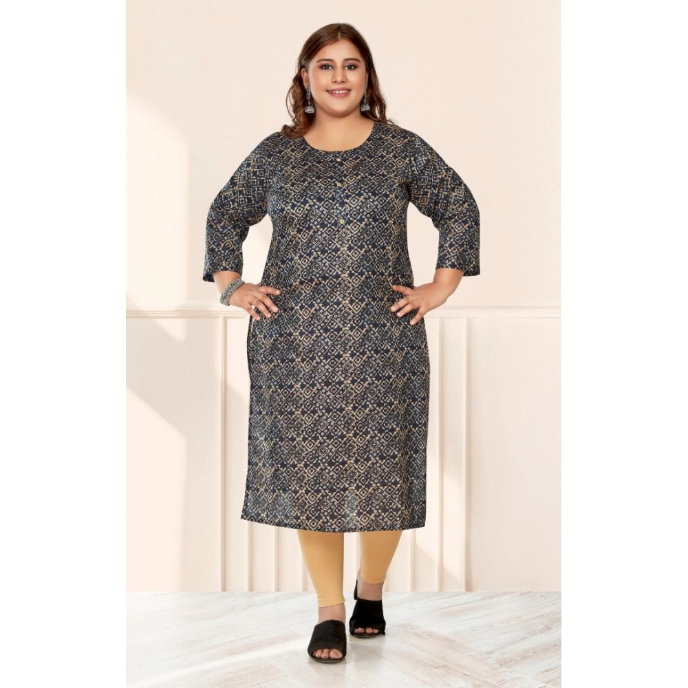 Women's Casual 3/4th Sleeve Golden Foil Printed Capsule Cotton Straight Kurti (Navy Blue)