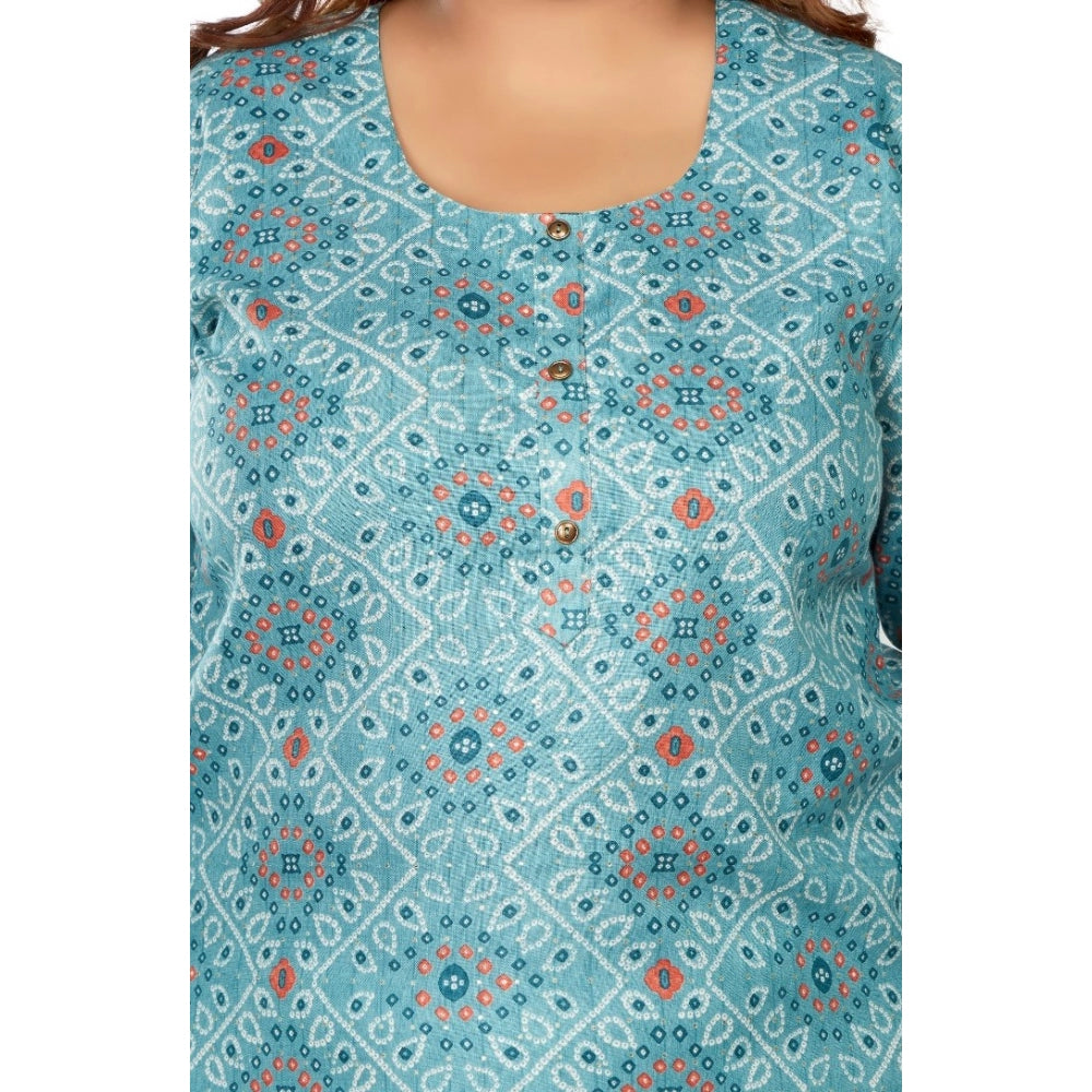 Women's Casual 3/4th Sleeve Golden Foil Printed Rayon Straight Kurti (Blue)