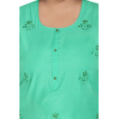 Women's Casual 3/4th Sleeve Rayon Mirror Embroidered Straight Kurti (Green)