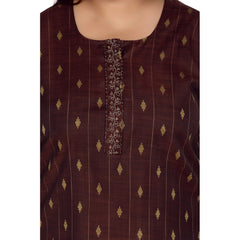 Women's Casual 3/4th Sleeve Cotton Mix Golden Embroidered Straight Kurti (Maroon)