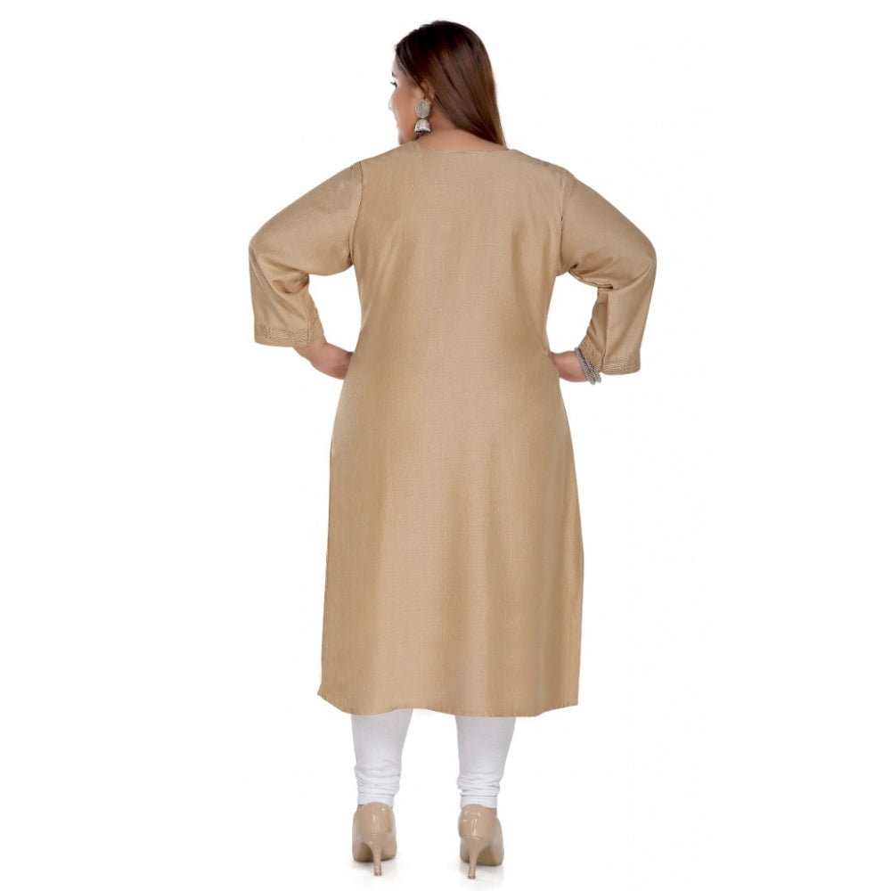 Women's Casual 3/4th Sleeve Imported Fabric Self Embroidered Straight Kurti With Lining (Tan)