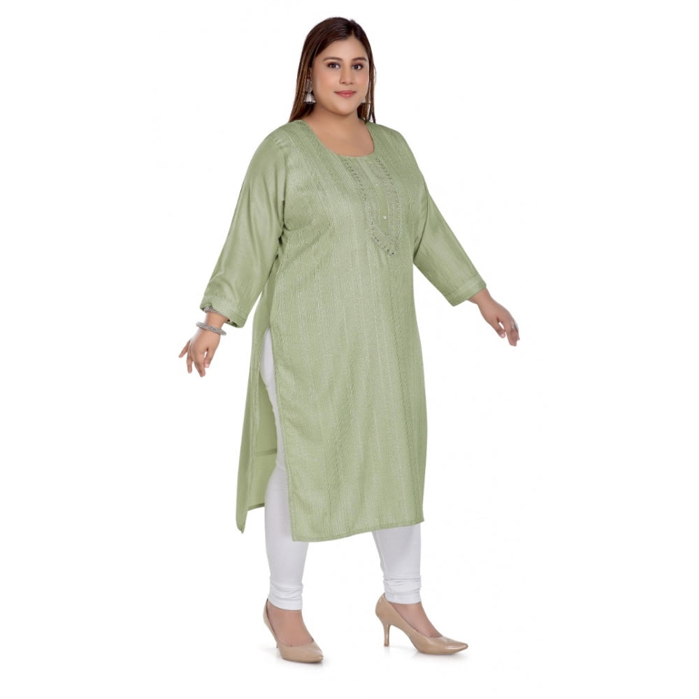 Women's Casual 3/4th Sleeve Imported Fabric Self Embroidered Straight Kurti With Lining (Pista Green)