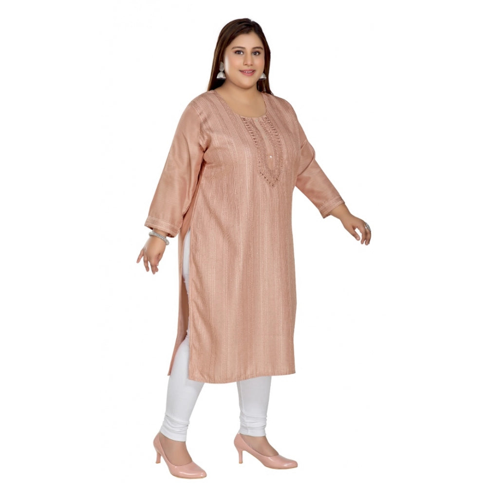 Women's Casual 3/4th Sleeve Imported Fabric Self Embroidered Straight Kurti With Lining (Coral Pink)