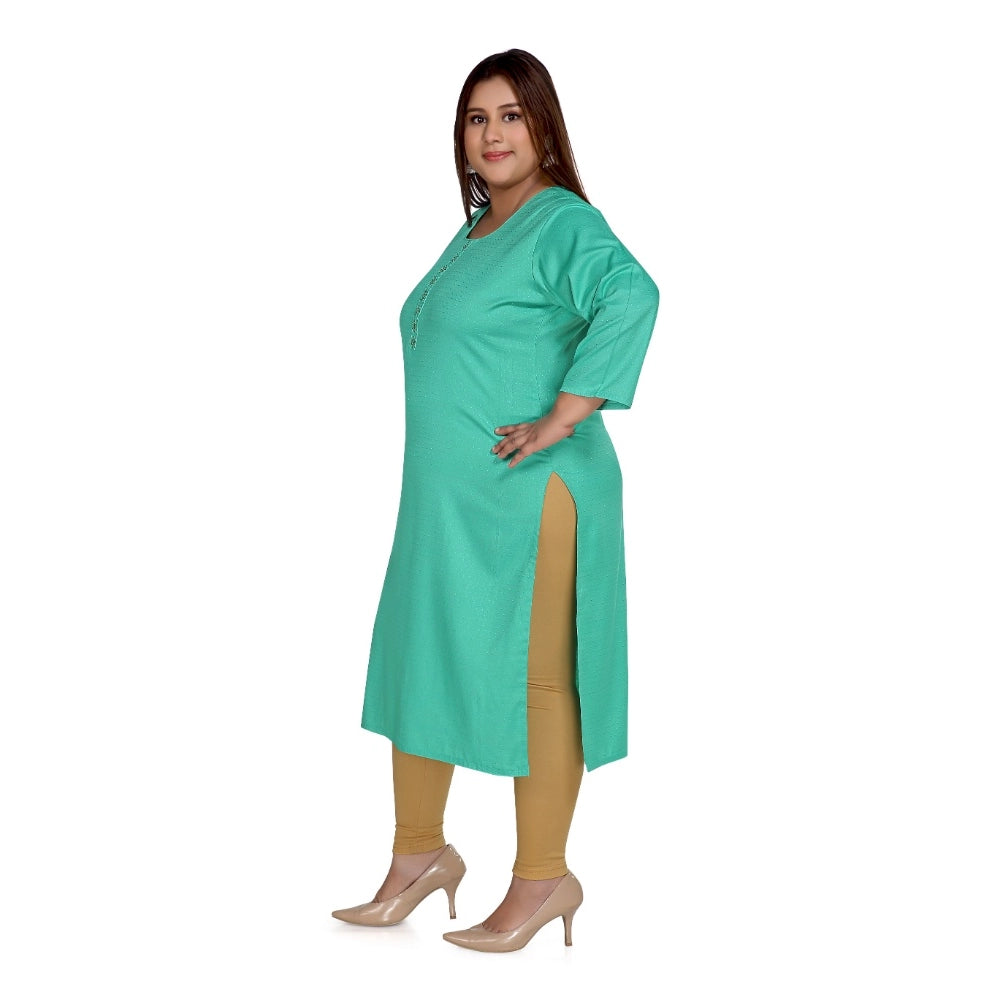 Women's Casual 3/4th Sleeve Rayon Mirror Embroidered Straight Kurti (Turquoise)