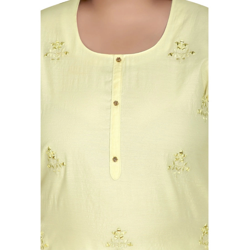 Women's Casual 3/4th Sleeve Rayon Mirror Embroidered Straight Kurti (Light Yellow)