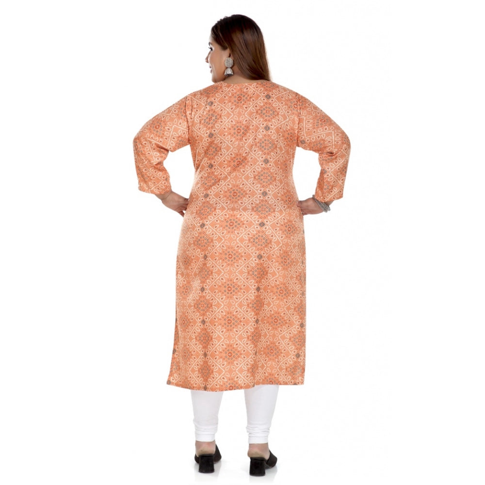 Women's Casual 3/4th Sleeve Rayon Golden Foil Printed Straight Kurti (Light Orange)