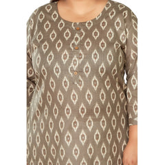 Women's Casual 3/4th Sleeve Pure Cotton Ikkat Printed Straight Kurti (Dark Grey)