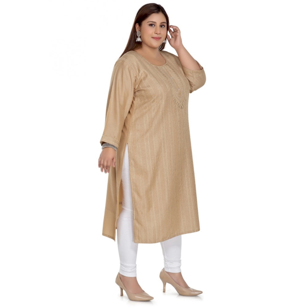 Women's Casual 3/4th Sleeve Imported Fabric Self Embroidered Straight Kurti With Lining (Tan)