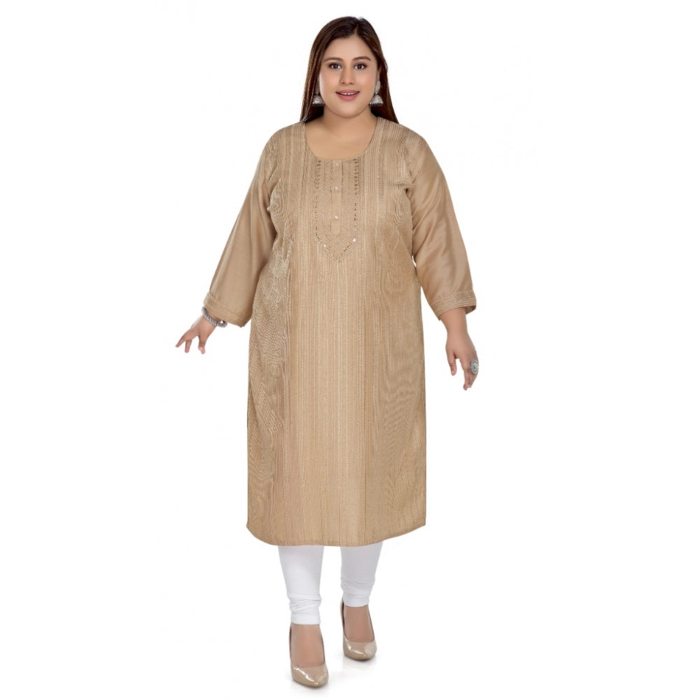 Women's Casual 3/4th Sleeve Imported Fabric Self Embroidered Straight Kurti With Lining (Tan)