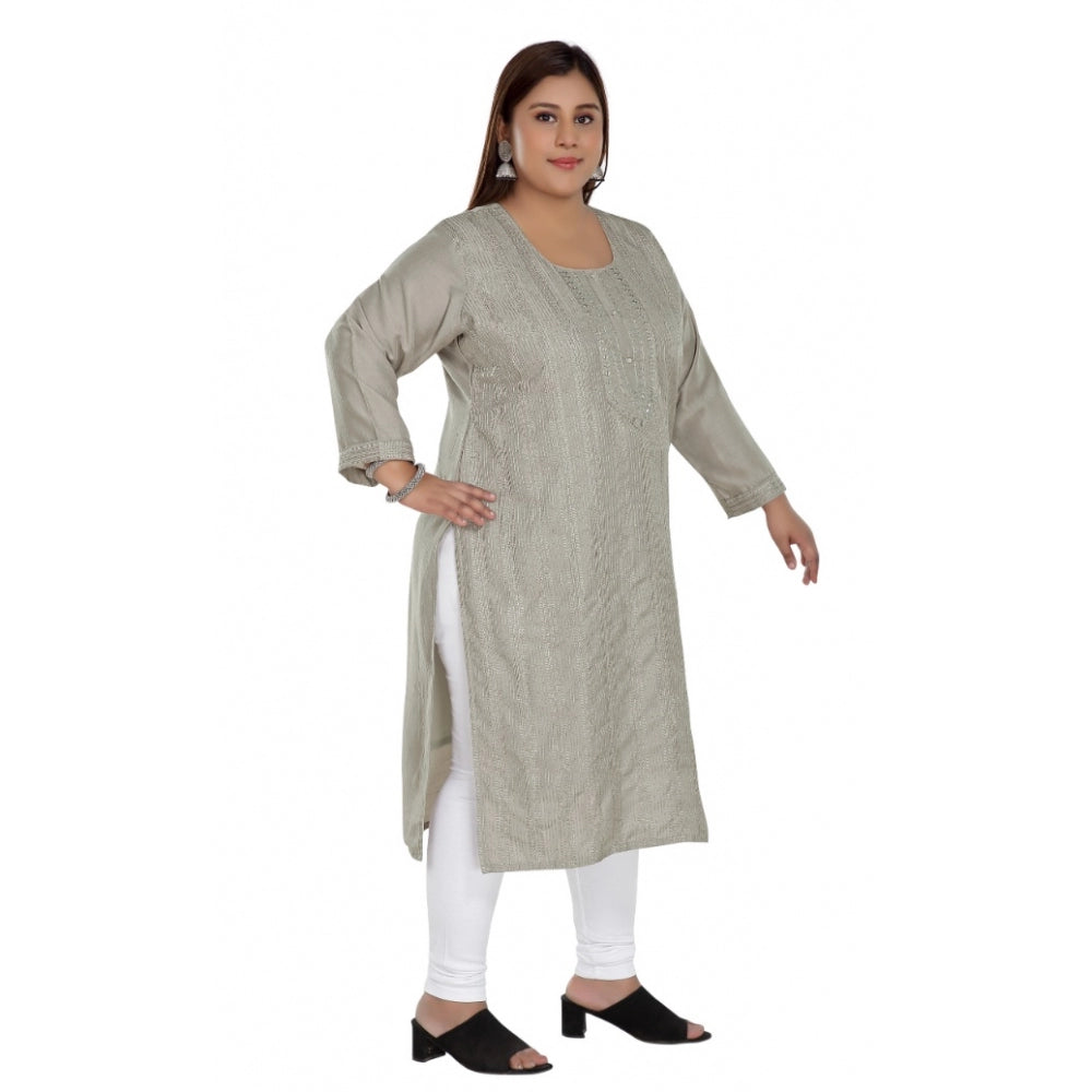 Women's Casual 3/4th Sleeve Imported Fabric Self Embroidered Straight Kurti With Lining (Grey)