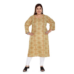 Women's Casual 3/4th Sleeve Rayon Golden Foil Printed Straight Kurti (Tan)