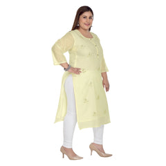 Women's Casual 3/4th Sleeve Rayon Mirror Embroidered Straight Kurti (Light Yellow)