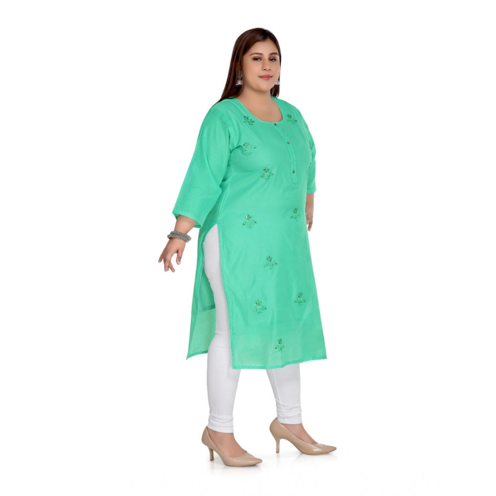 Women's Casual 3/4th Sleeve Rayon Mirror Embroidered Straight Kurti (Green)