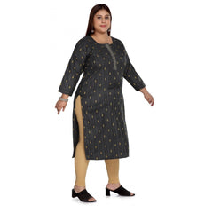 Women's Casual 3/4th Sleeve Cotton Mix Golden Embroidered Straight Kurti (Black)