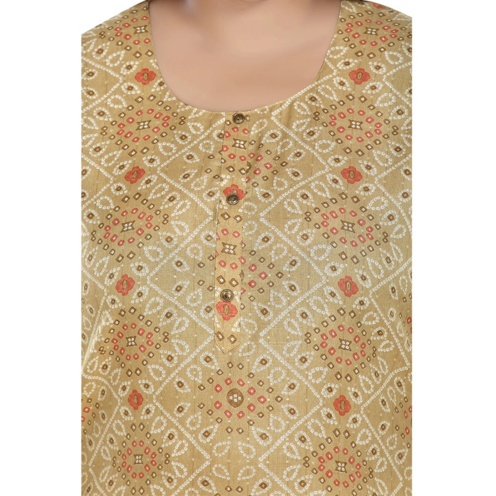 Women's Casual 3/4th Sleeve Rayon Golden Foil Printed Straight Kurti (Tan)