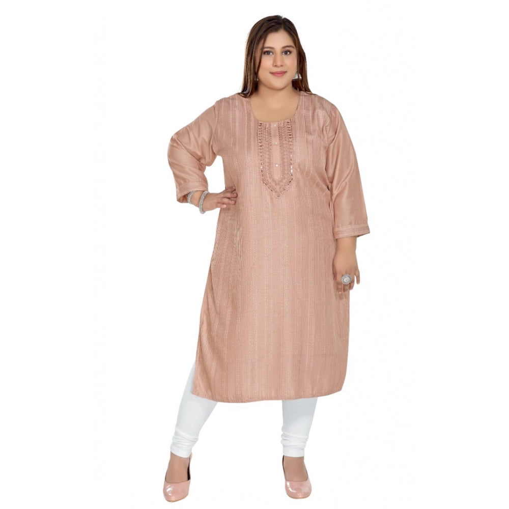 Women's Casual 3/4th Sleeve Imported Fabric Self Embroidered Straight Kurti With Lining (Coral Pink)