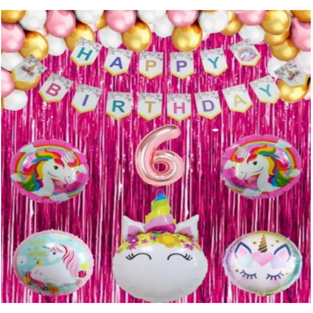 6Th Happy Birthday Decoration Combo With Unicorn Foil Balloon (Pink)