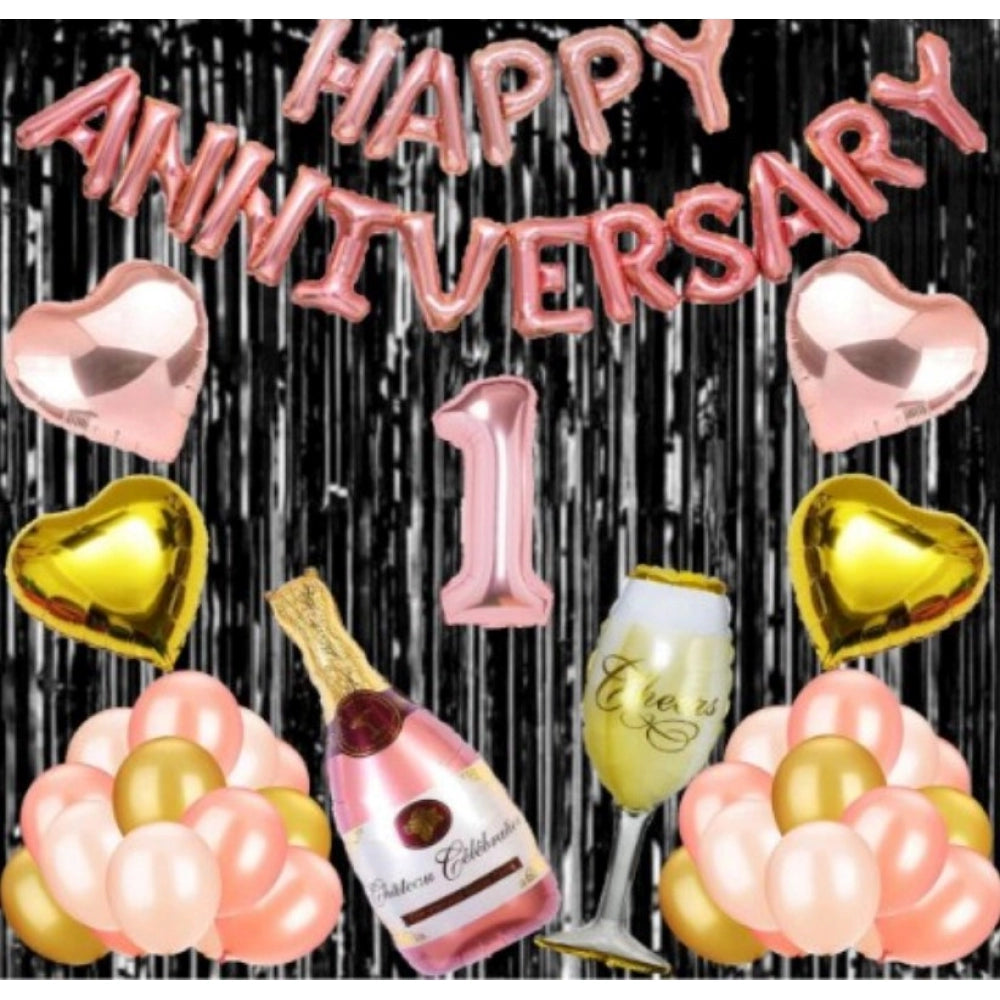 1St Anniversary Rose Gold Foil Balloons With Happy Decoration Items Set (Multicolor)